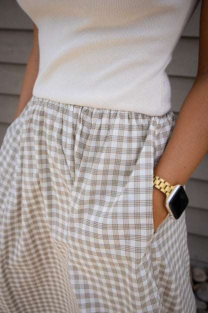 Coastal Charm Beige Gingham Bubble Hem Maxi Dress