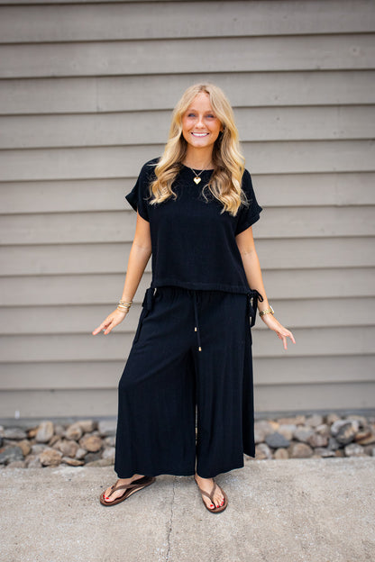 Black Sand Linen Side Tie Top
