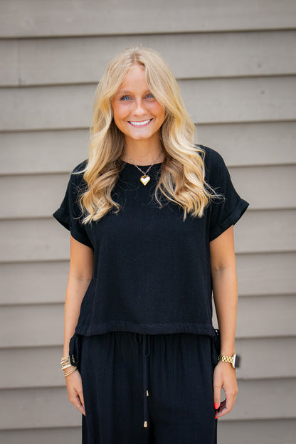 Black Sand Linen Side Tie Top