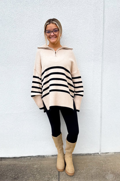 Coastal Cream and Black Stripe Quarter Zip Up Sweater