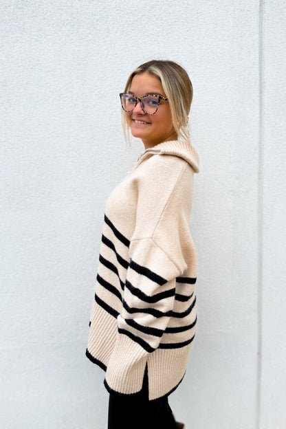 Coastal Cream and Black Stripe Quarter Zip Up Sweater