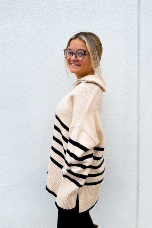 Coastal Cream and Black Stripe Quarter Zip Up Sweater