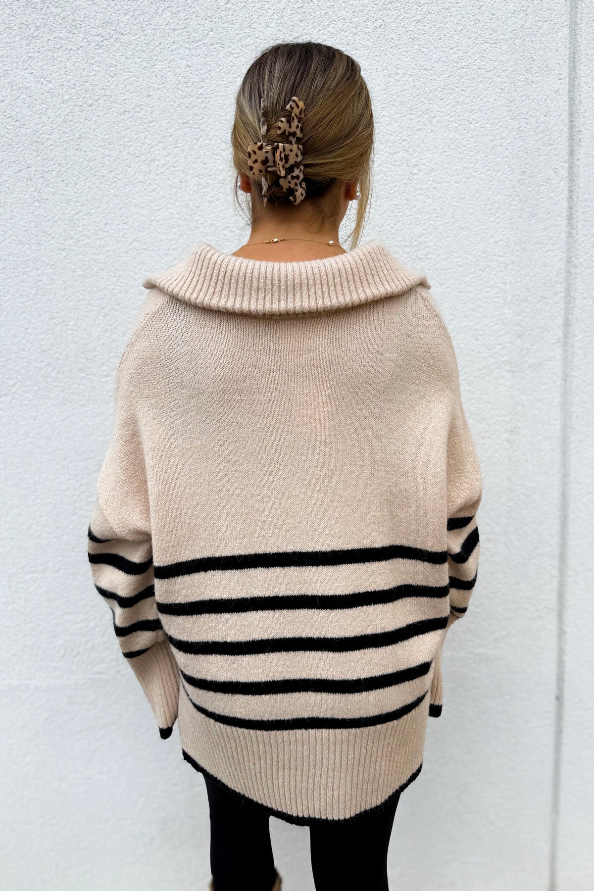 Coastal Cream and Black Stripe Quarter Zip Up Sweater