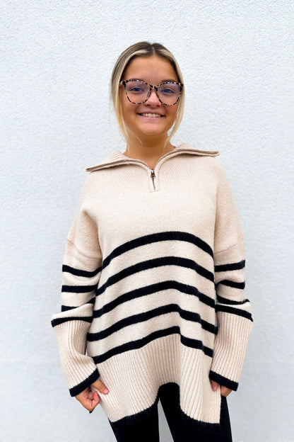 Coastal Cream and Black Stripe Quarter Zip Up Sweater