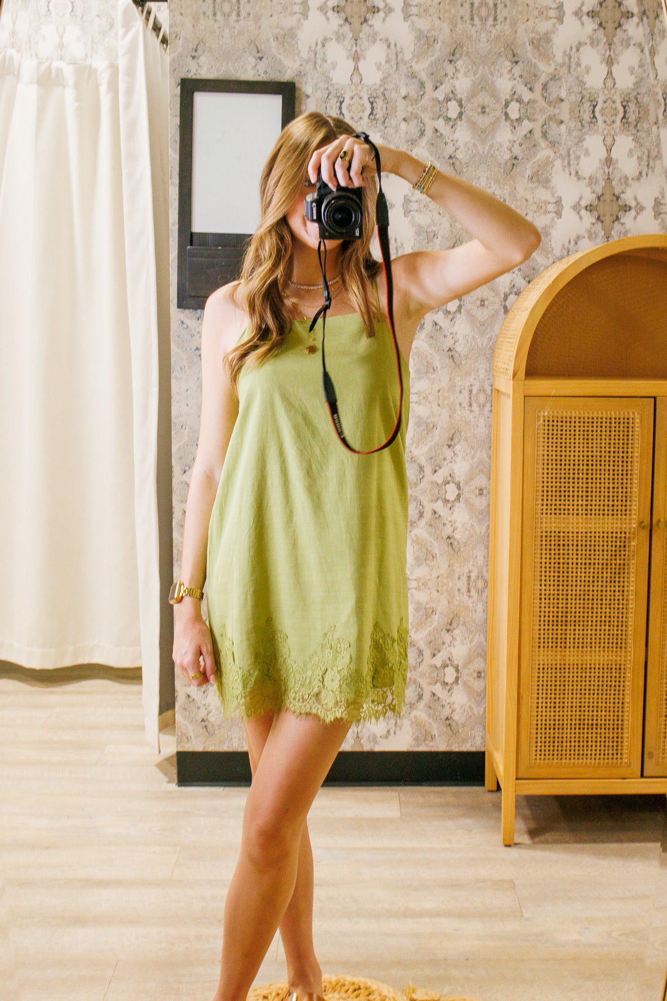 Sweet Escape Olive Green Lace Hem Mini Dress M