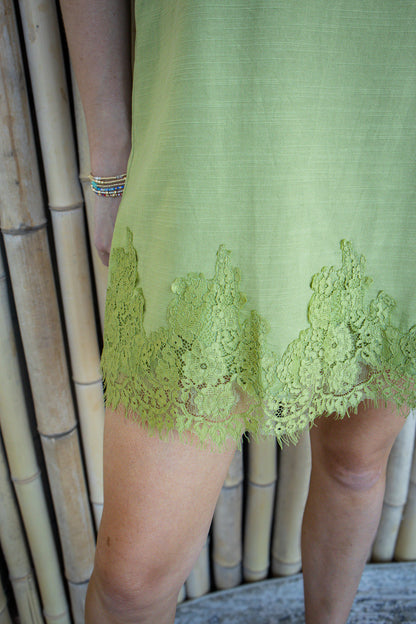 Sweet Escape Olive Green Lace Hem Mini Dress