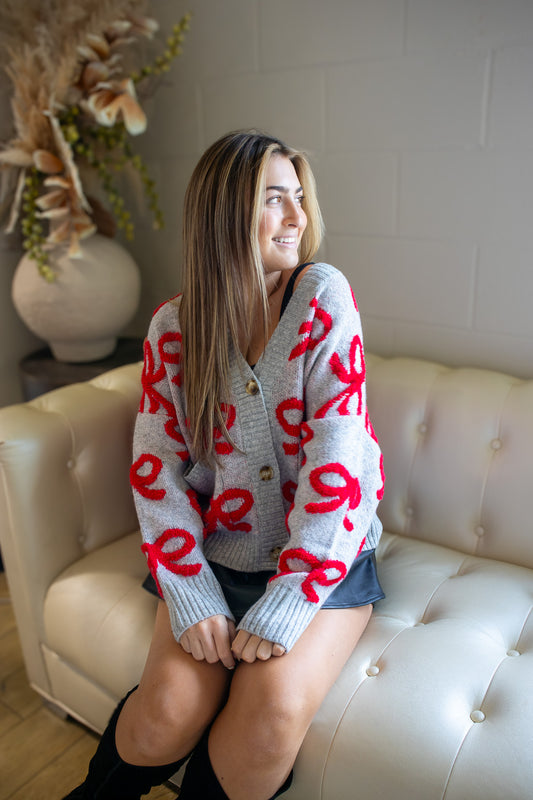 Crimson Cheer Bow Cardigan