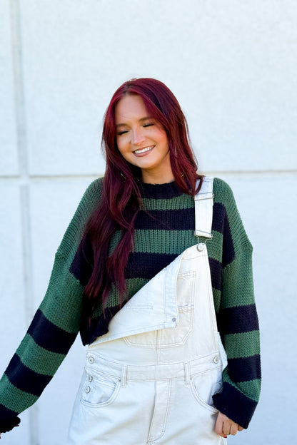 Deep Forest Striped Cropped Knit Sweater - Green & Navy