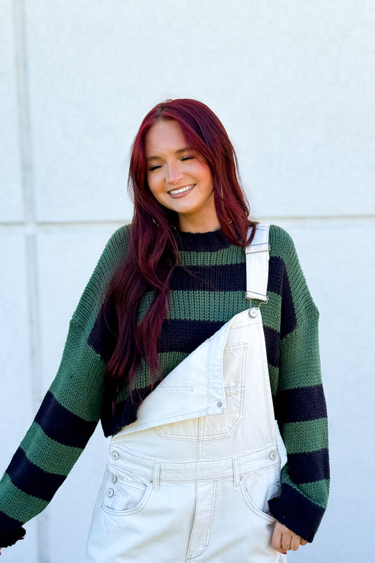 Deep Forest Striped Cropped Knit Sweater - Green & Navy