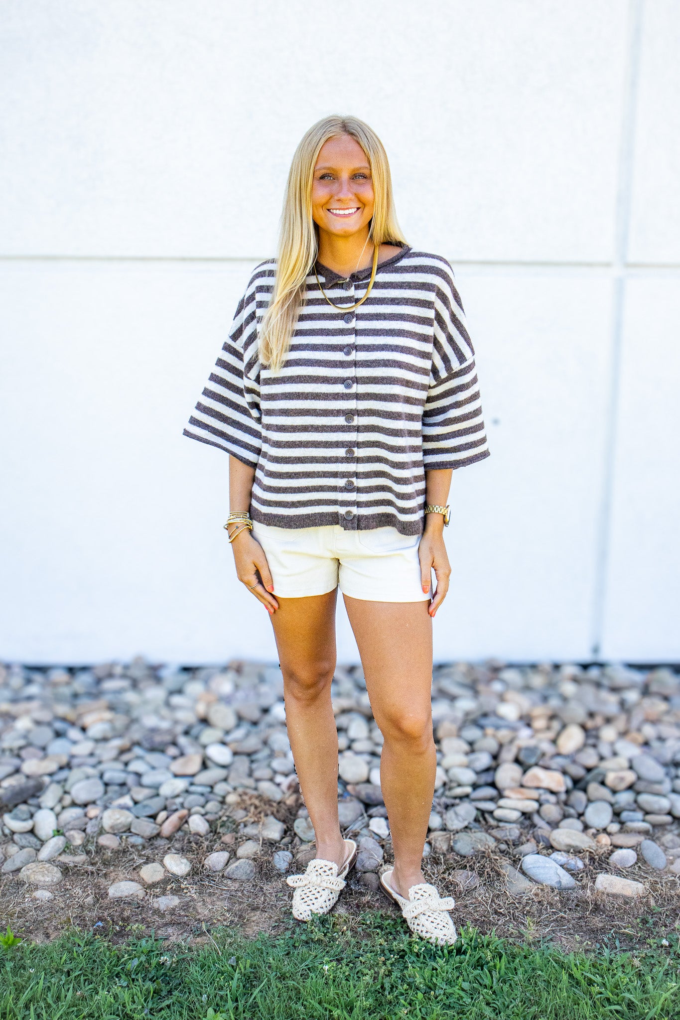 Espresso Stripe Short Sleeve Cardigan Sweater