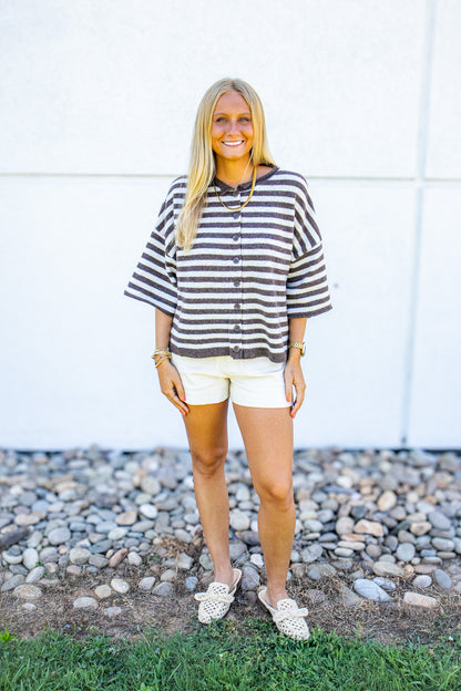 Espresso Stripe Short Sleeve Cardigan Sweater
