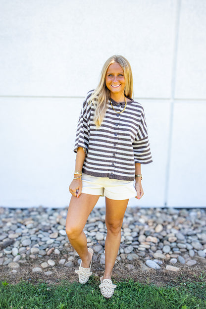 Espresso Stripe Short Sleeve Cardigan Sweater