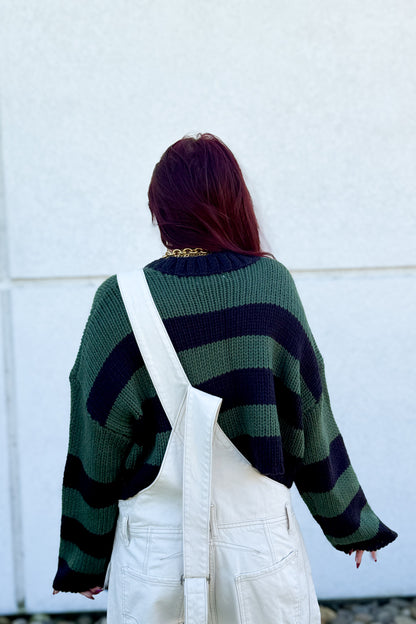 Deep Forest Striped Cropped Knit Sweater - Green & Navy
