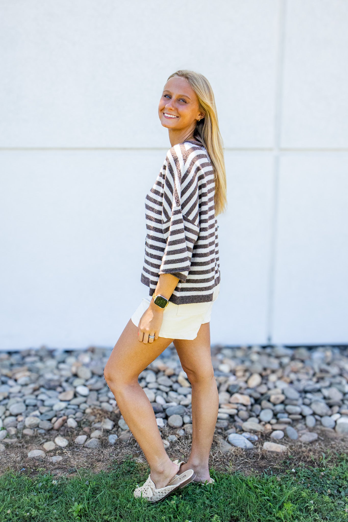Espresso Stripe Short Sleeve Cardigan Sweater