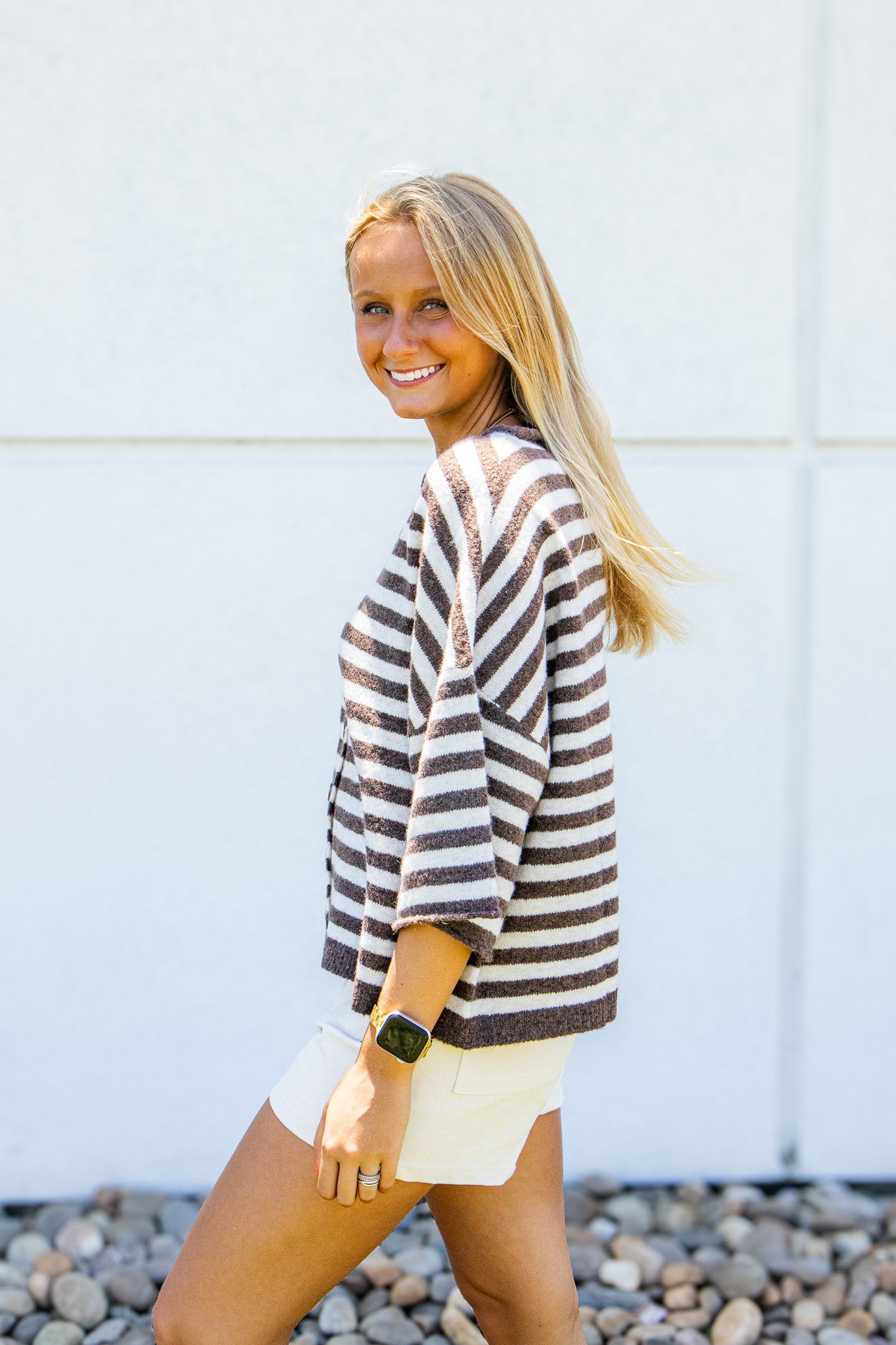 Espresso Stripe Short Sleeve Cardigan Sweater