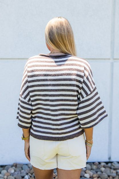 Espresso Stripe Short Sleeve Cardigan Sweater