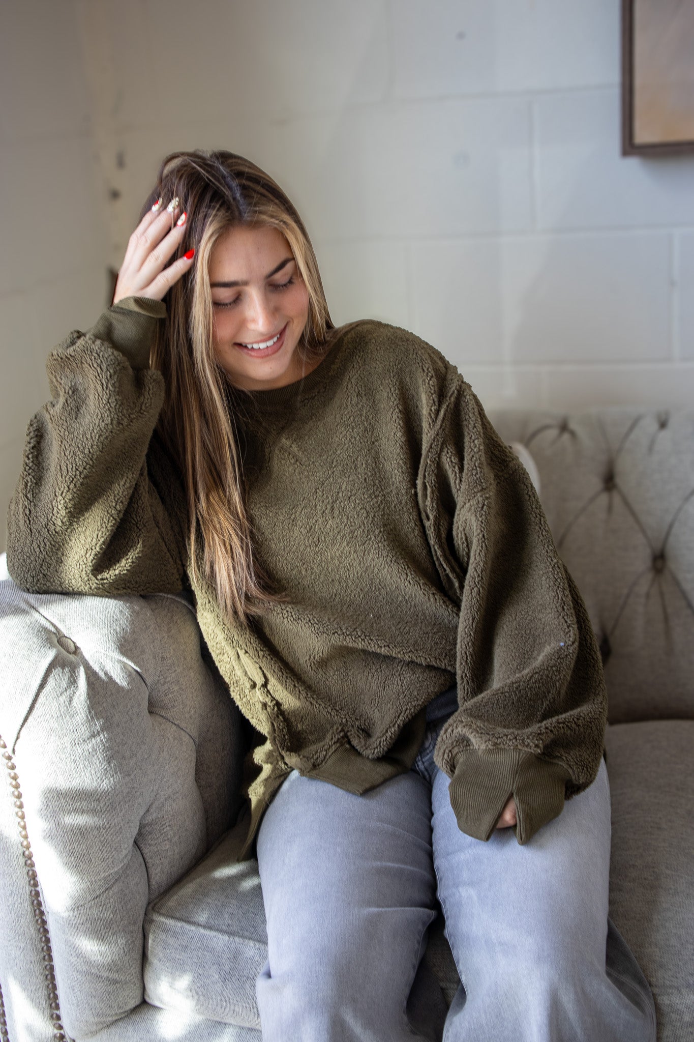 Cozy Fleece Oversized Sweatshirt - OLIVE