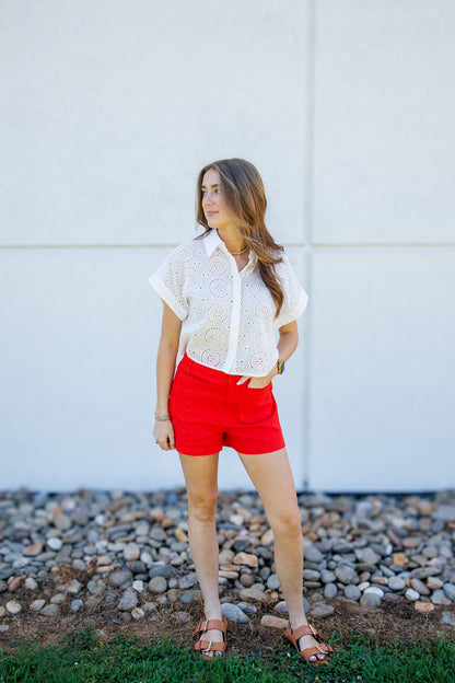 Firecracker Red High-Rise Patch Pocket Stretch Shorts