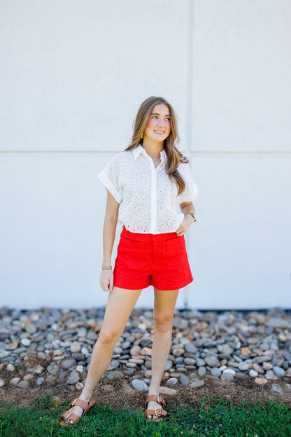 Firecracker Red High-Rise Patch Pocket Stretch Shorts