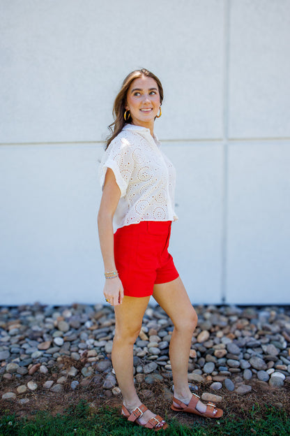 Firecracker Red High-Rise Patch Pocket Stretch Shorts