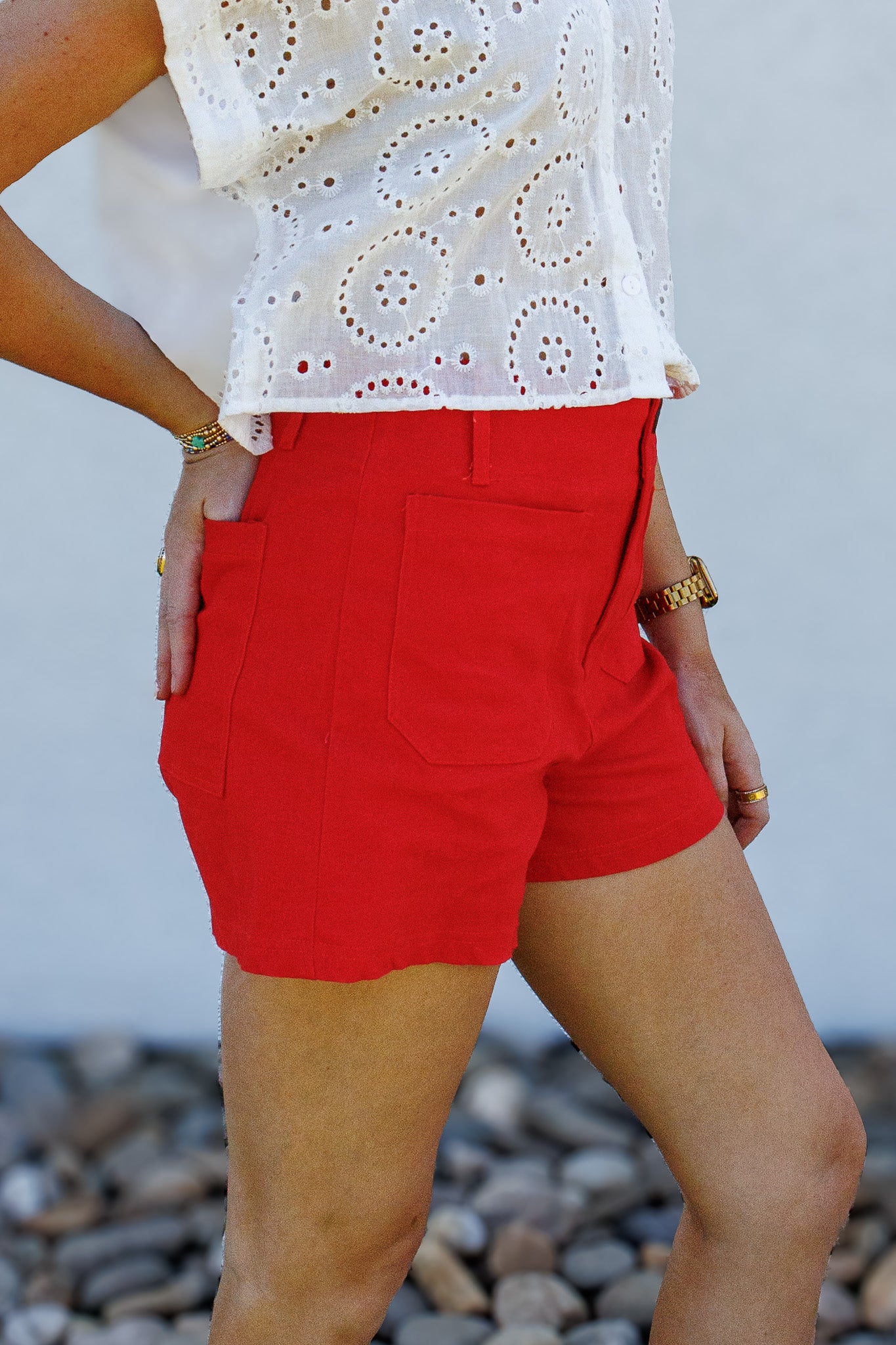 Firecracker Red High-Rise Patch Pocket Stretch Shorts