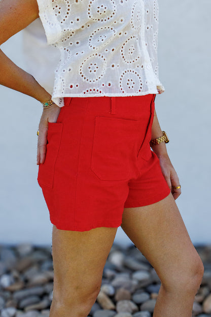 Firecracker Red High-Rise Patch Pocket Stretch Shorts