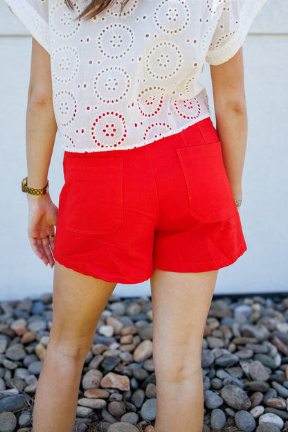 Firecracker Red High-Rise Patch Pocket Stretch Shorts