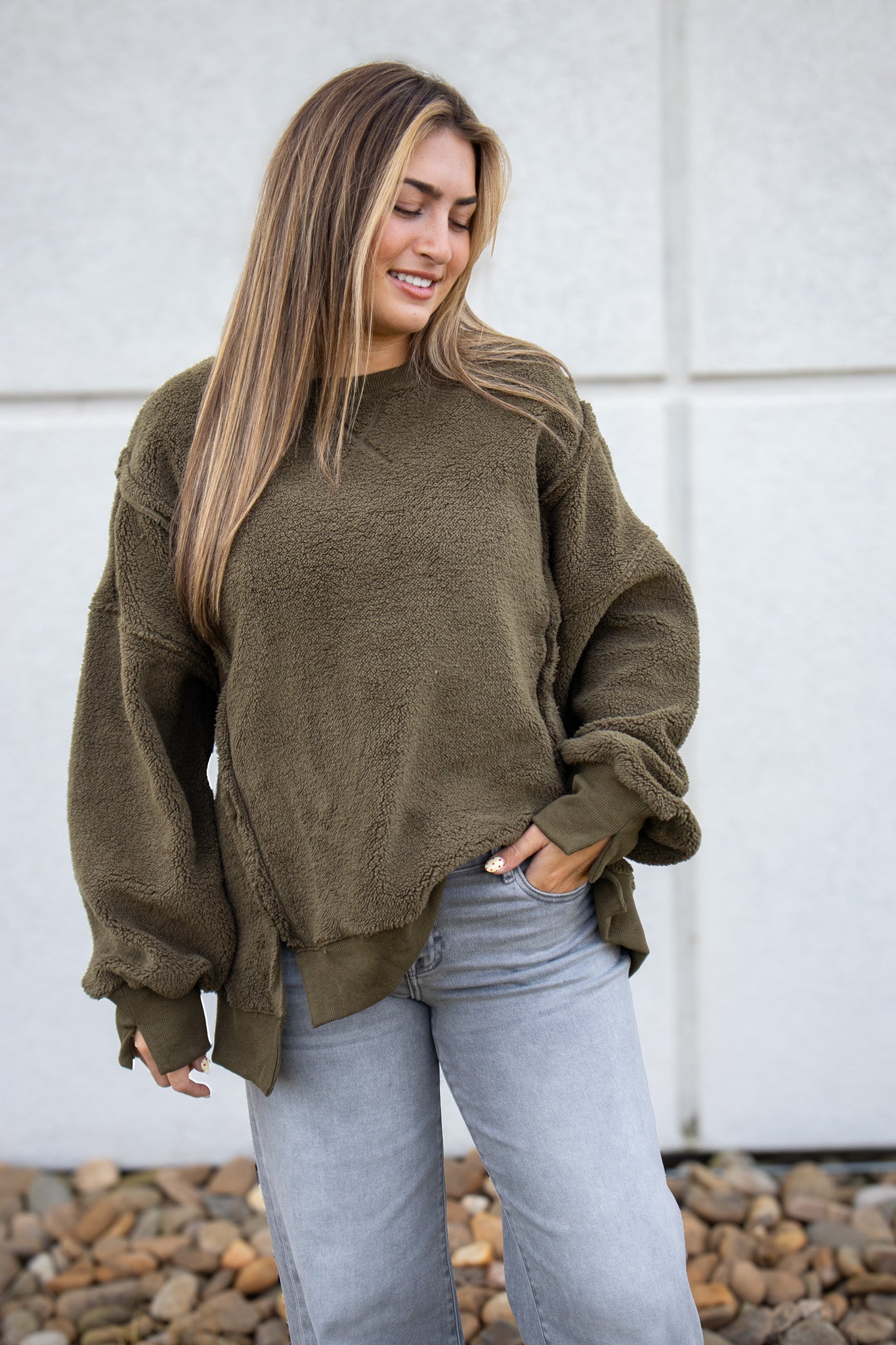 Cozy Fleece Oversized Sweatshirt - OLIVE
