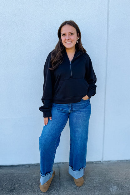 Essential Half-Zip Hoodie - BLACK