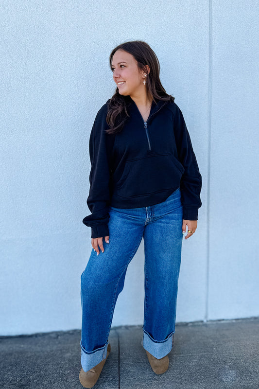 Essential Half-Zip Hoodie - BLACK