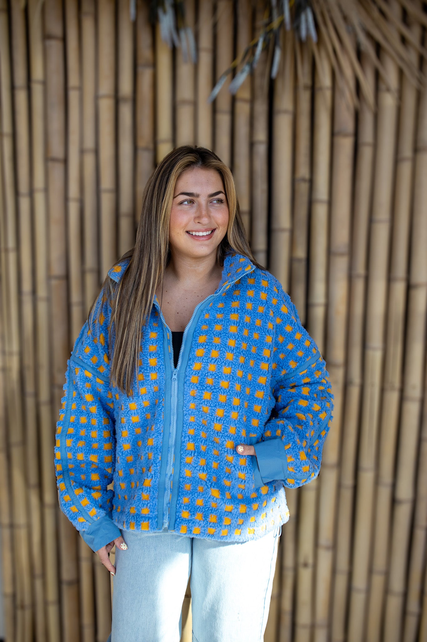 Fuzzy Checkered Sherpa Jacket - BLUE/YELLOW