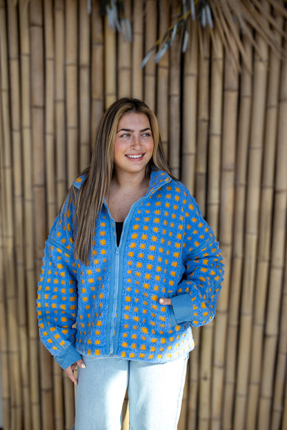 Fuzzy Checkered Sherpa Jacket - BLUE/YELLOW