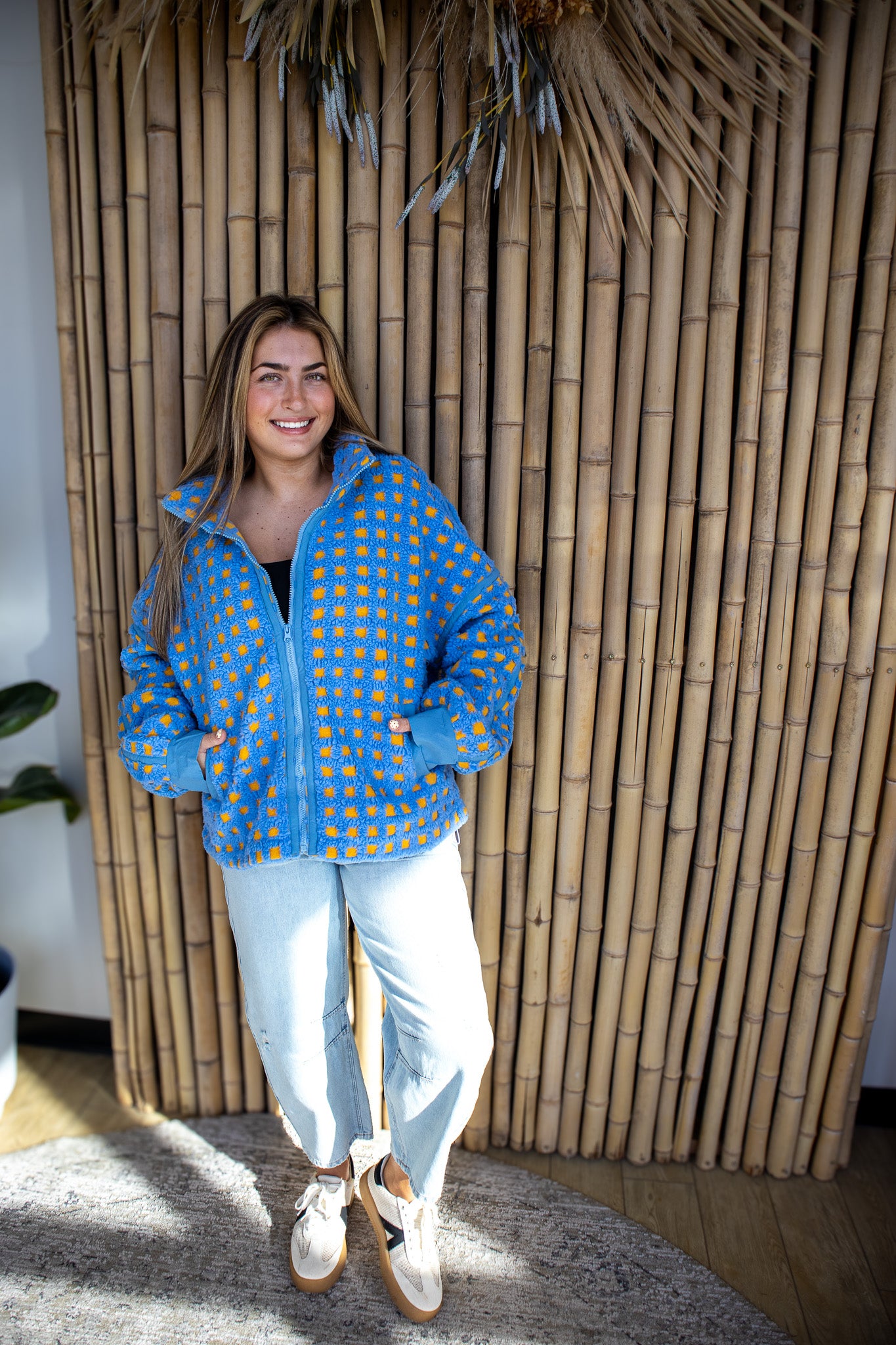 Fuzzy Checkered Sherpa Jacket - BLUE/YELLOW