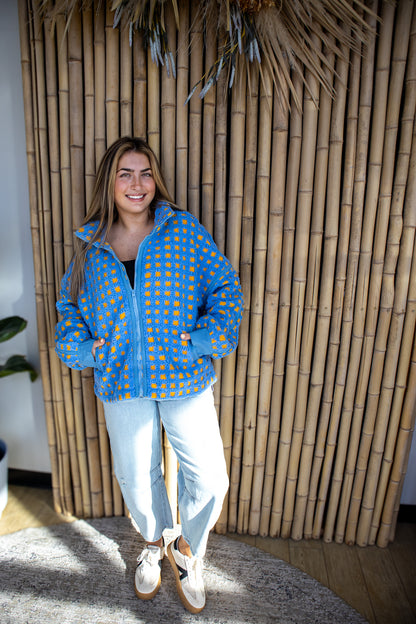 Fuzzy Checkered Sherpa Jacket - BLUE/YELLOW