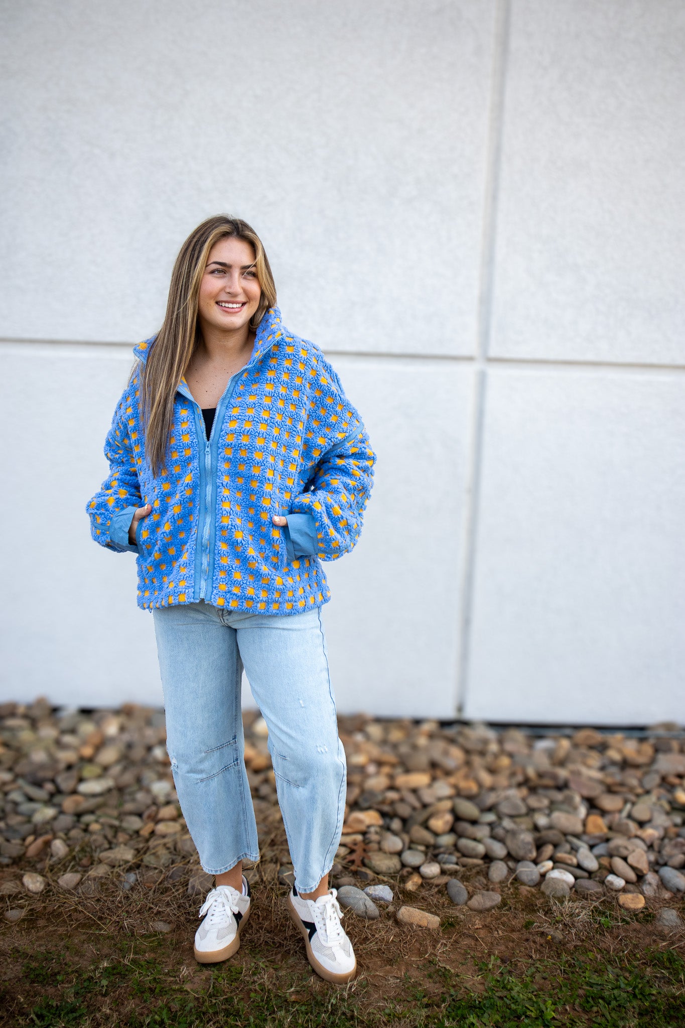 Fuzzy Checkered Sherpa Jacket - BLUE/YELLOW