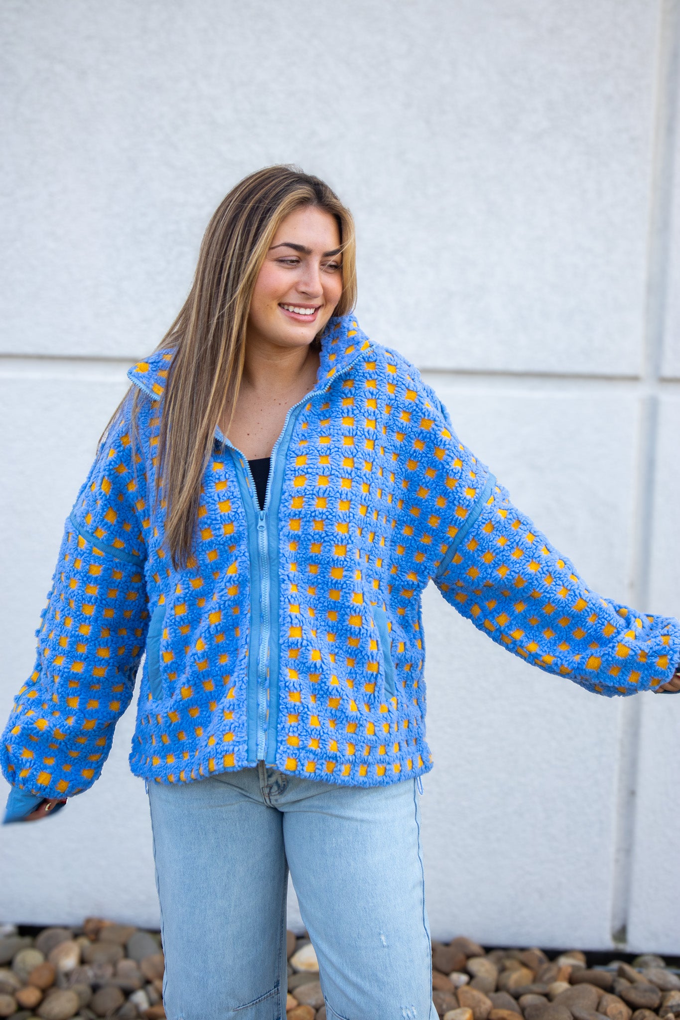 Fuzzy Checkered Sherpa Jacket - BLUE/YELLOW