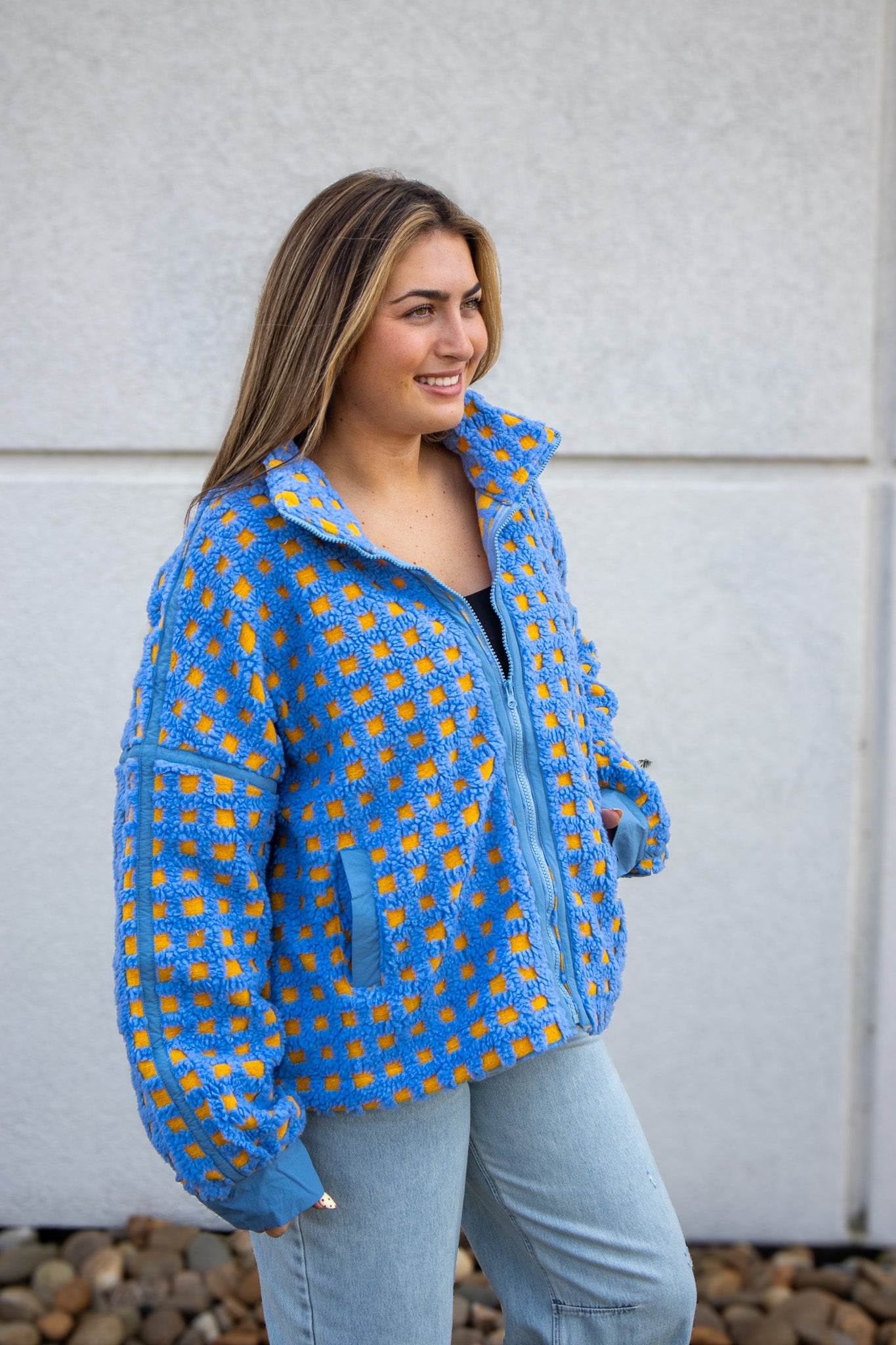 Fuzzy Checkered Sherpa Jacket - BLUE/YELLOW