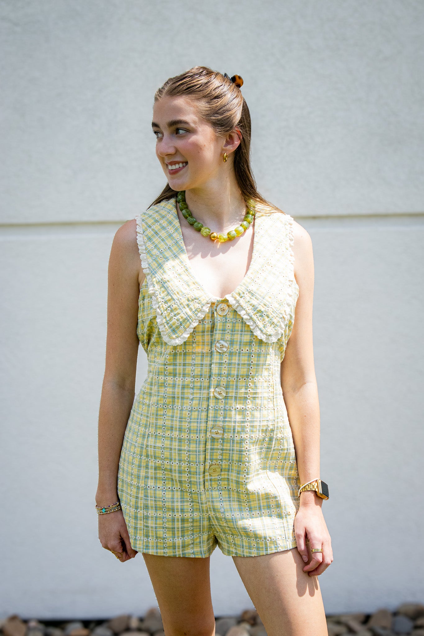 Lemon Meadow Yellow Plaid Eyelet Romper