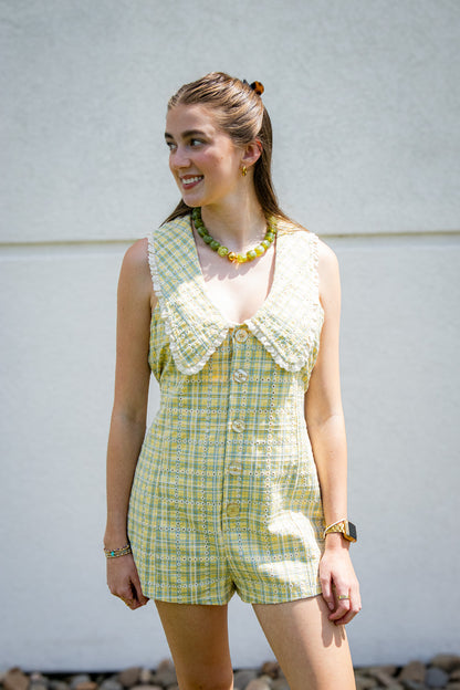 Lemon Meadow Yellow Plaid Eyelet Romper