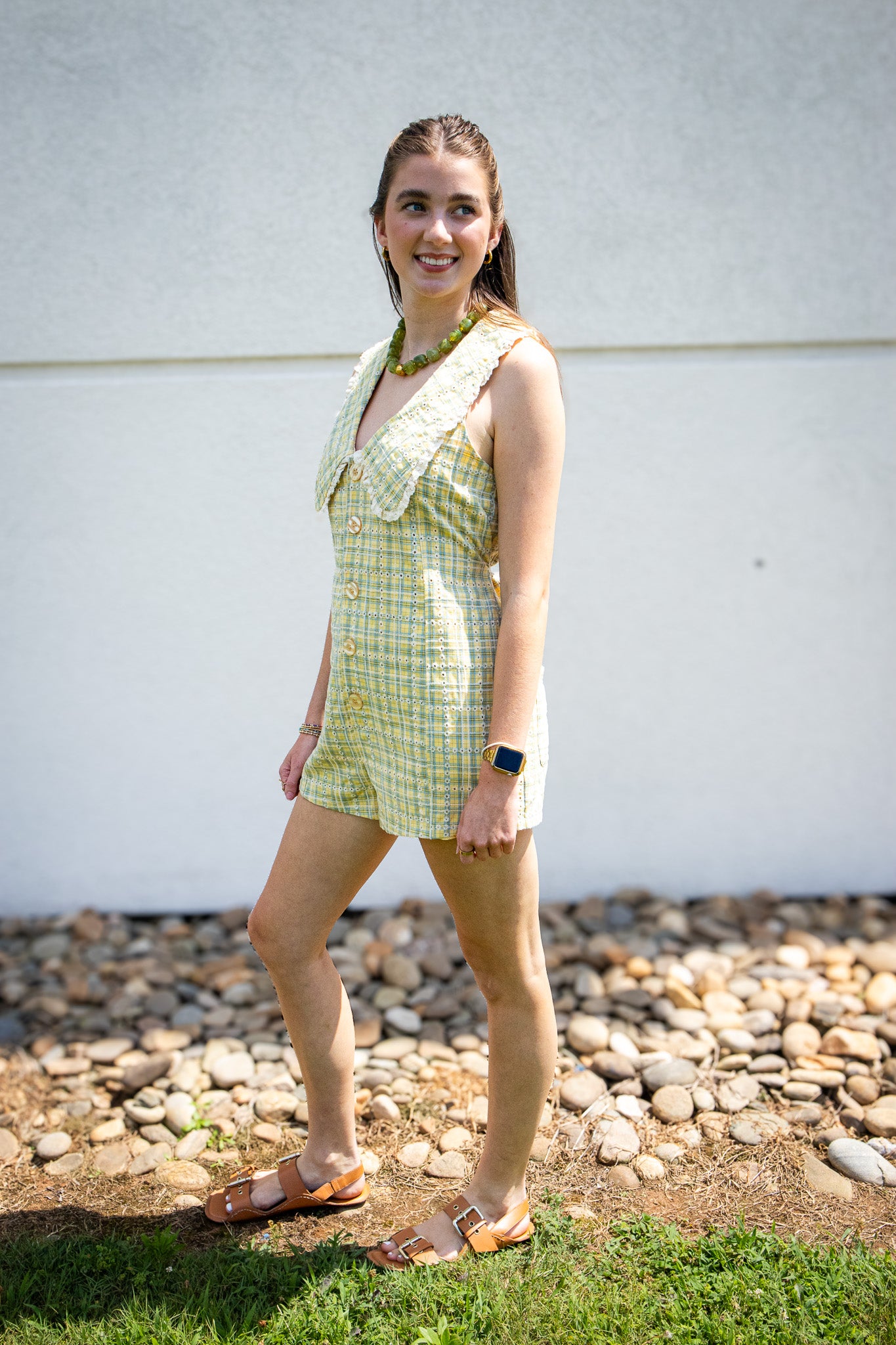 Lemon Meadow Yellow Plaid Eyelet Romper