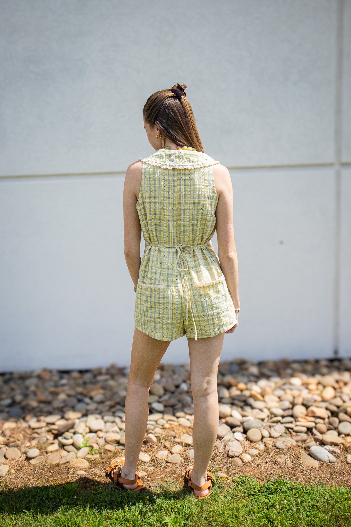 Lemon Meadow Yellow Plaid Eyelet Romper
