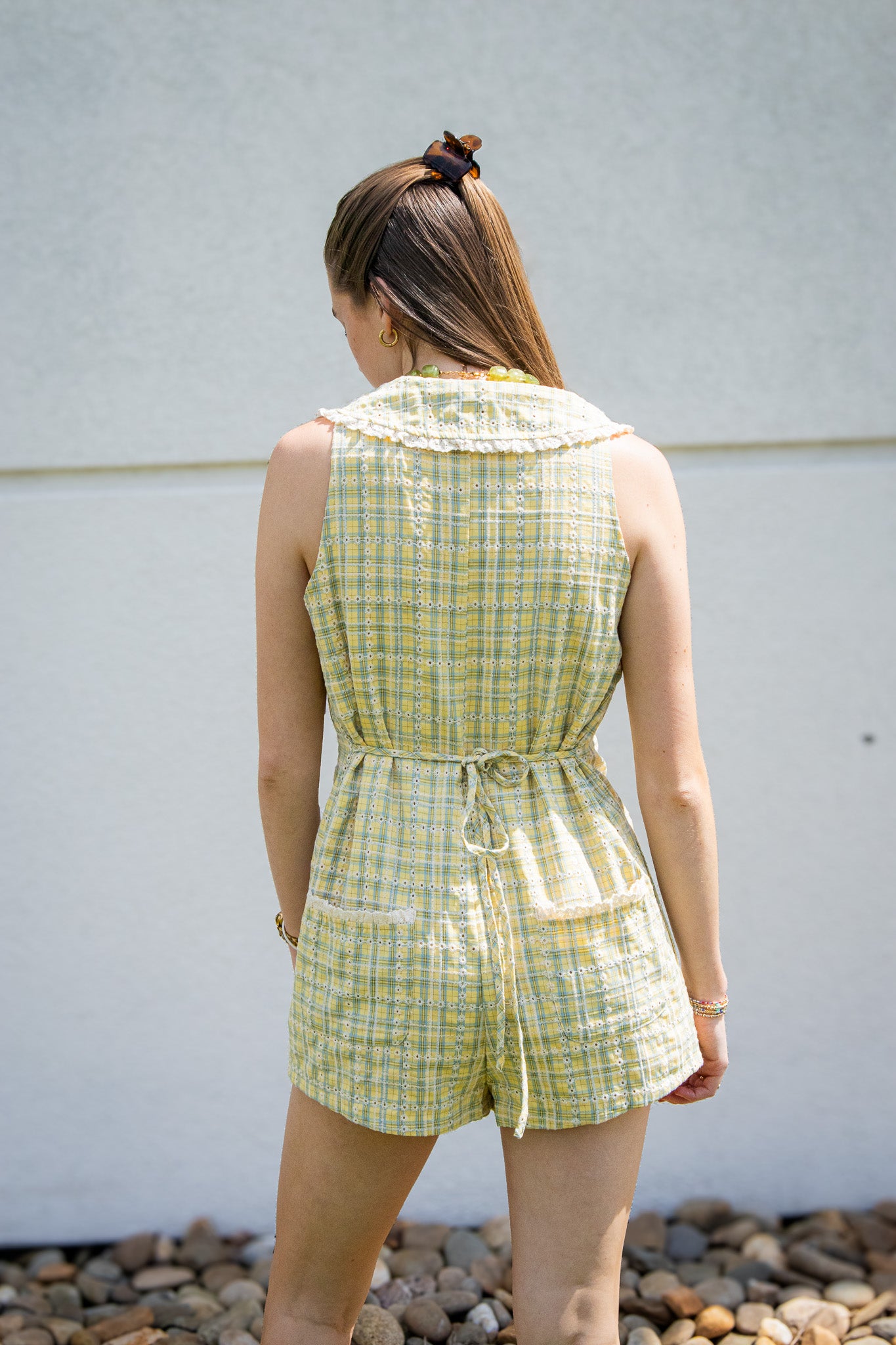 Lemon Meadow Yellow Plaid Eyelet Romper