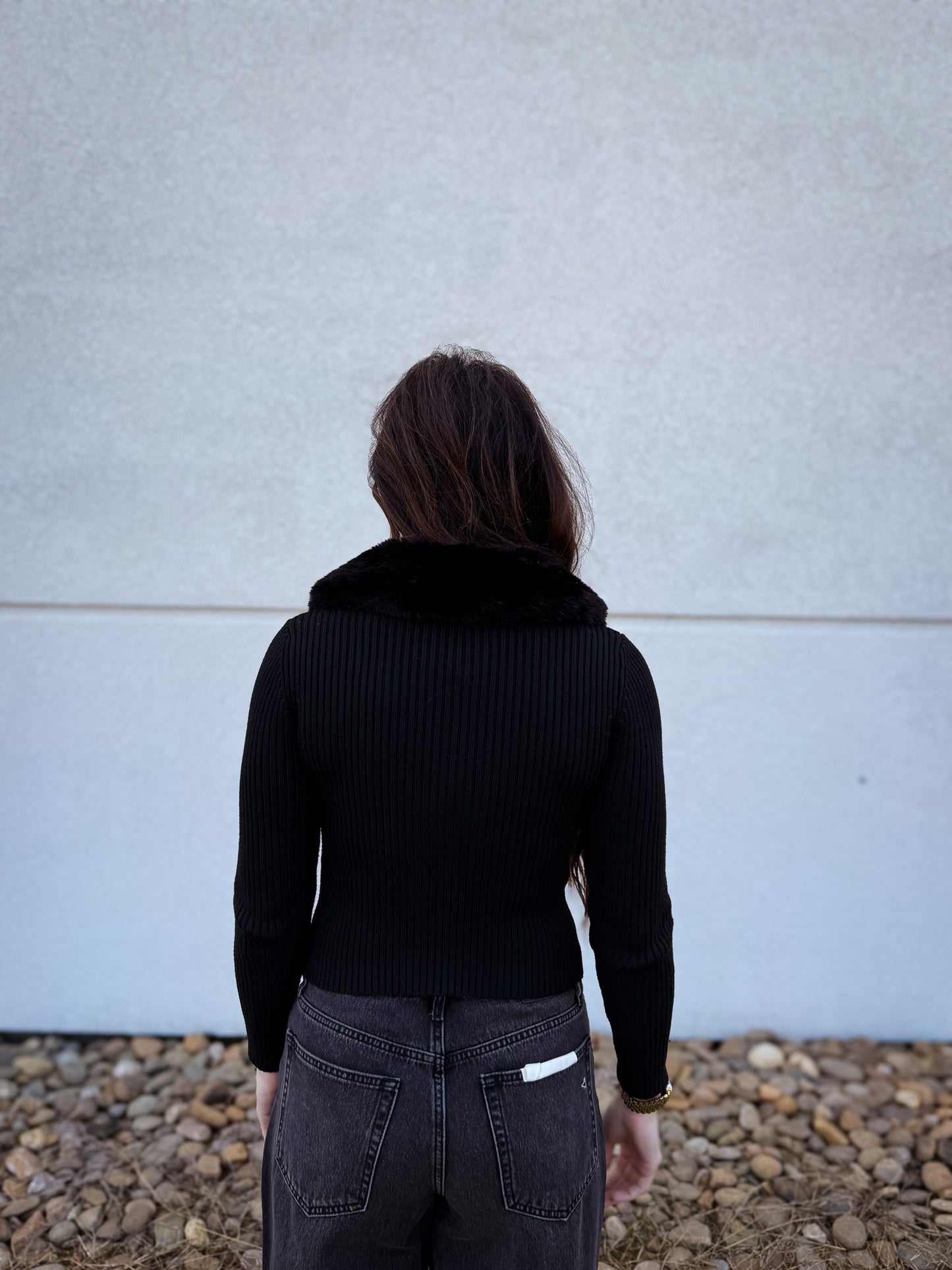 Fur Removable Collared Cardigan Sweater - BLACK