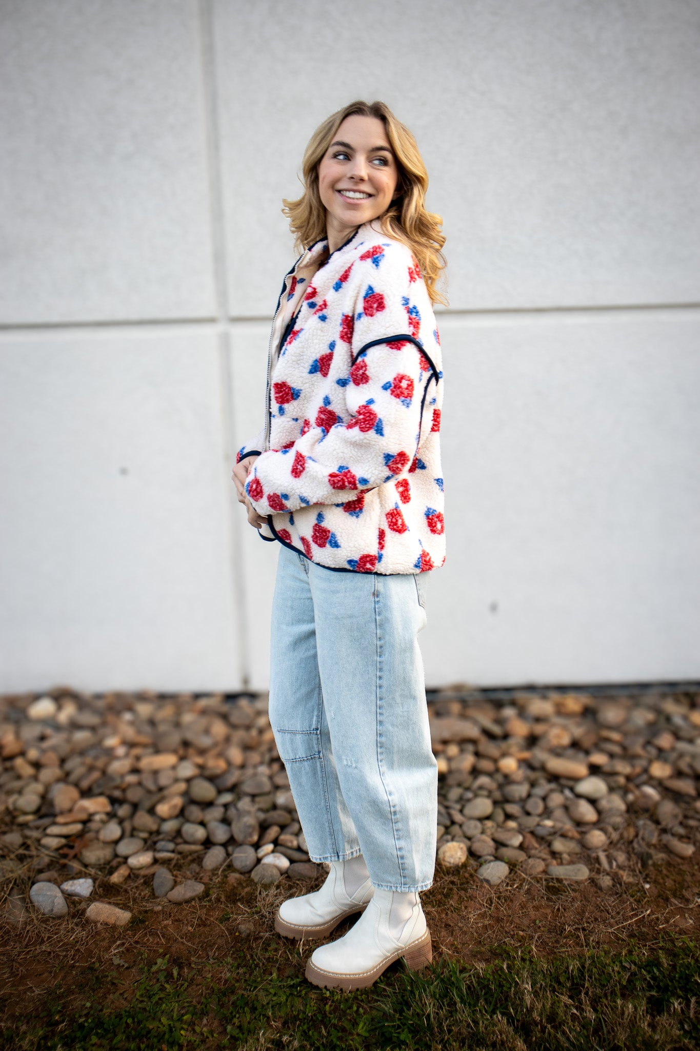 Floral Sherpa Jacket - RED/WHITE