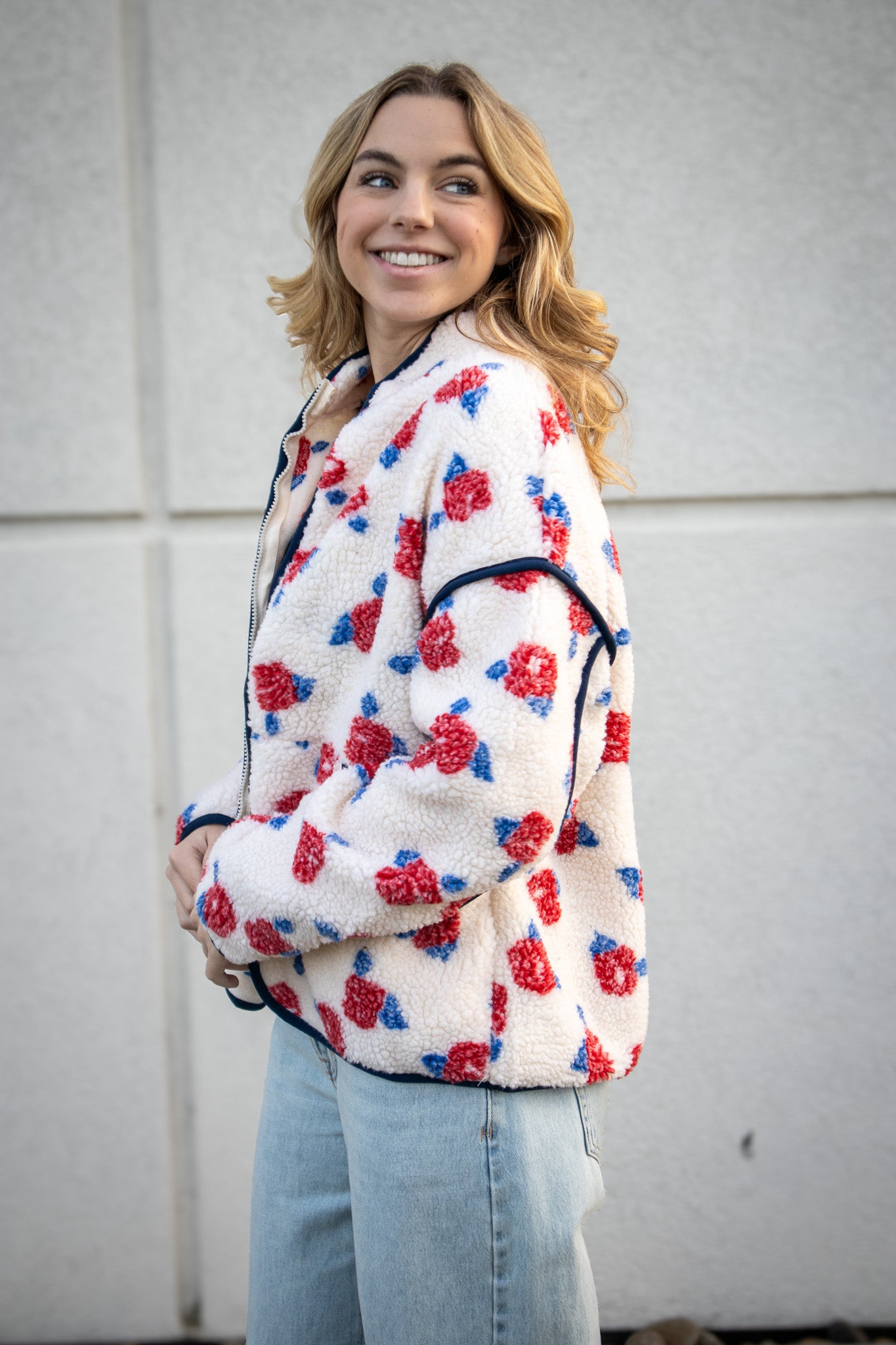 Floral Sherpa Jacket - RED/WHITE