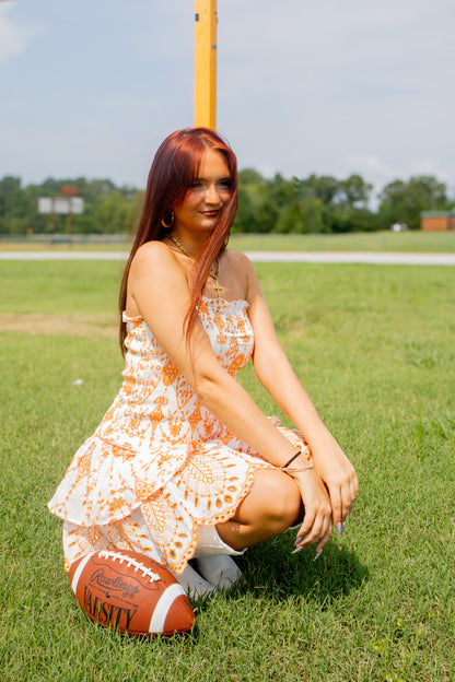 Rocky Top Romance Orange & White Embroidered Eyelet Mini Dress