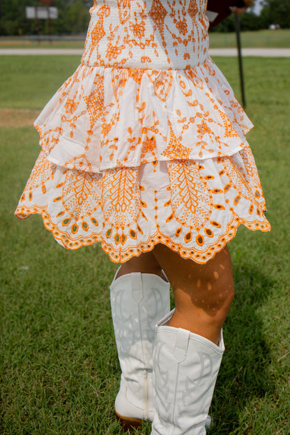 Rocky Top Romance Orange & White Embroidered Eyelet Mini Dress