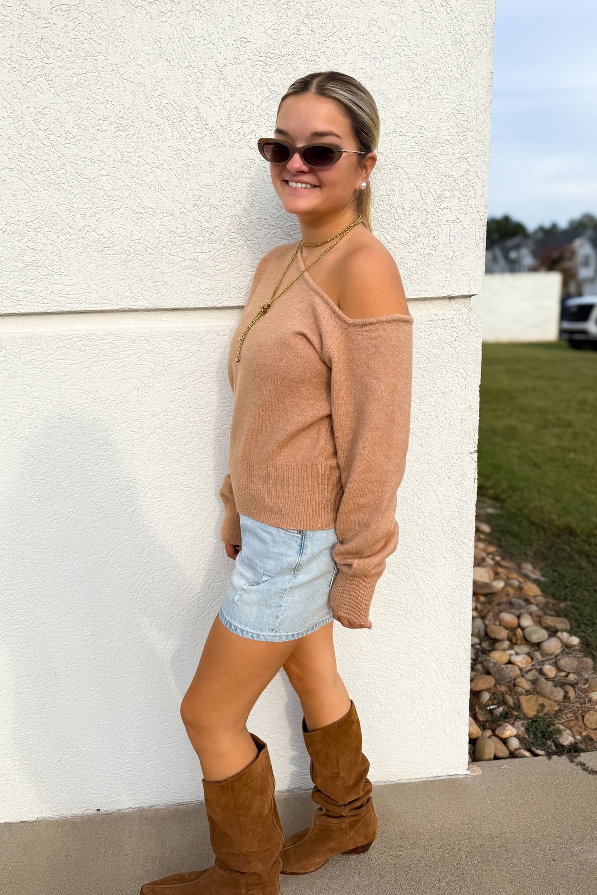 Flirty Asymmetric Off Shoulder Sweater - TAUPE