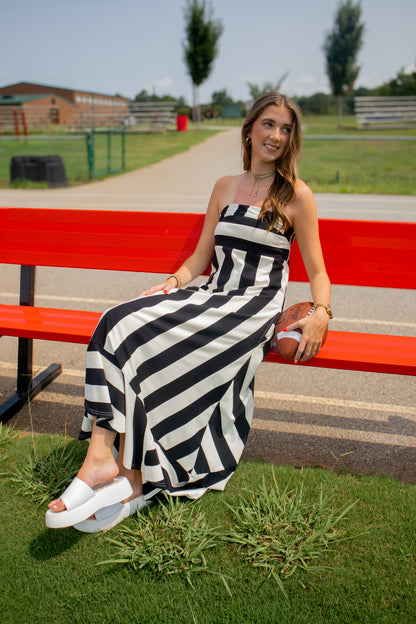 Main Event Black & Ivory Striped Strapless Maxi Dress