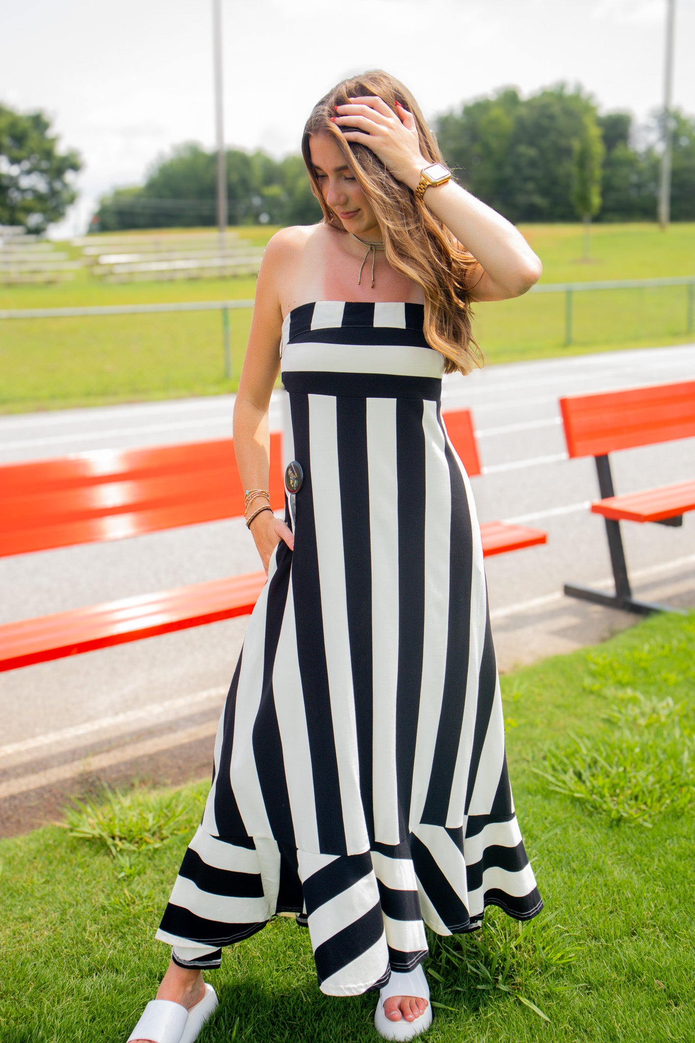 Main Event Black & Ivory Striped Strapless Maxi Dress